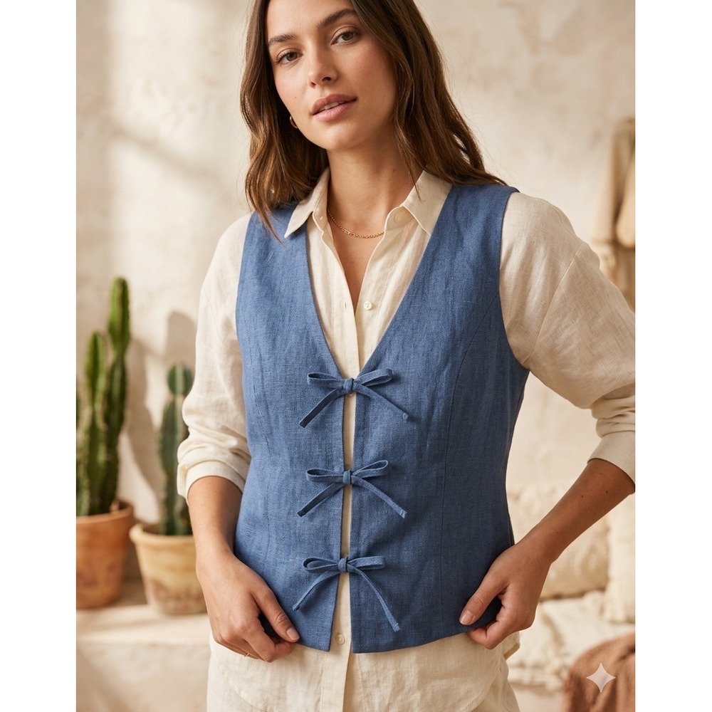 NEW Benoa Linen Blend Sleeveless Tie Front Gilet Vest Navy Blue Women's Size M/L